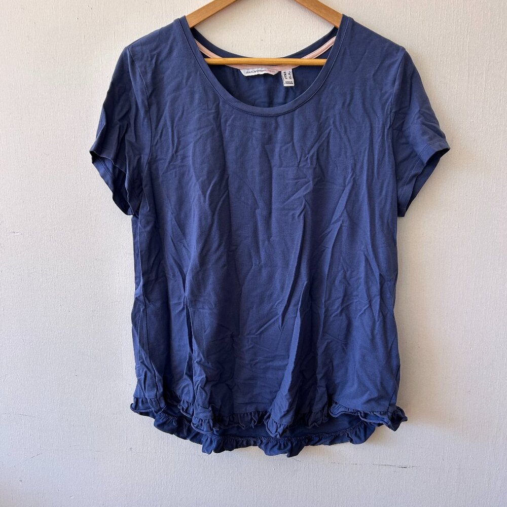 Isaac Mizrahi Live‎ Blue Cottagecore Top Womens Large Ruffle Hem Short Sleeve